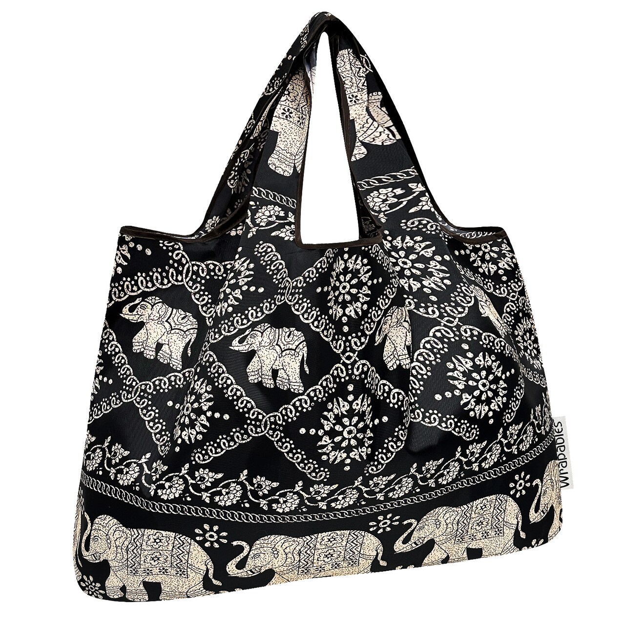 Wrapables Large Foldable Tote Nylon Reusable Grocery Bags, Black Regal Elephants